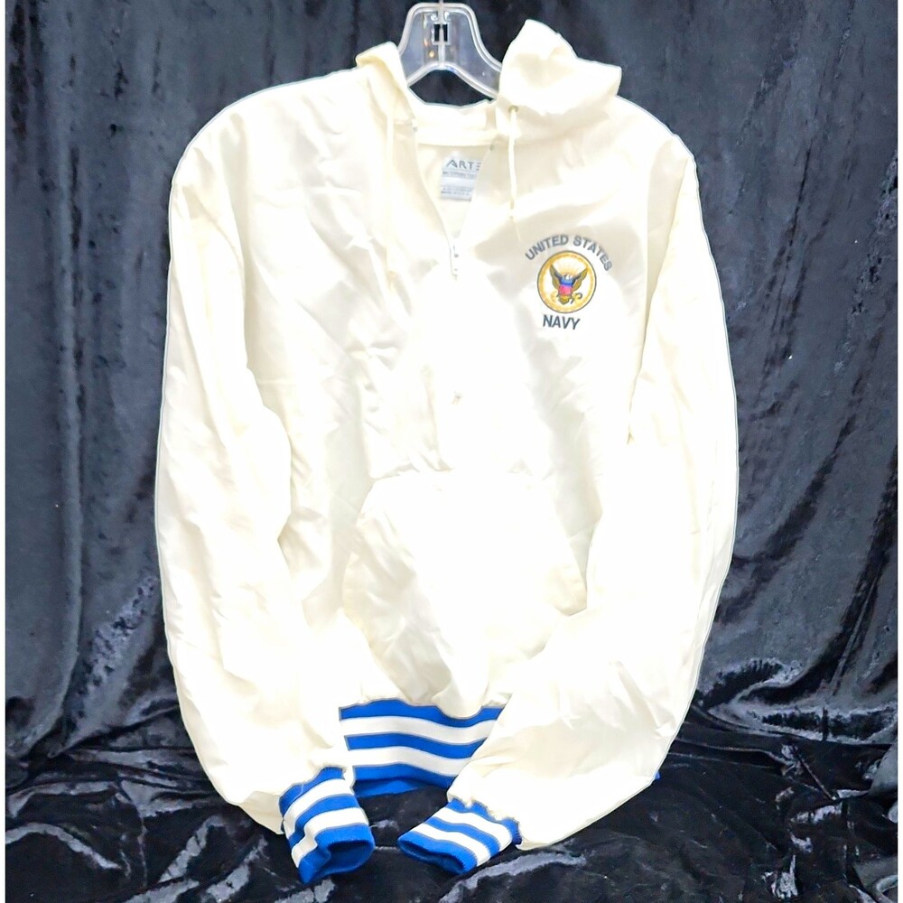 Vintage Artex Sz L White Hooded Half-Zip Pullover Windbreaker  US Navy Read D